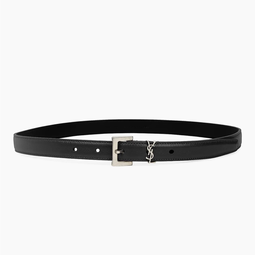 YSL Saint Laurent Thin Belt Square Buckle Smooth Leather Black Silver 75 X-small - Picture 2 of 7